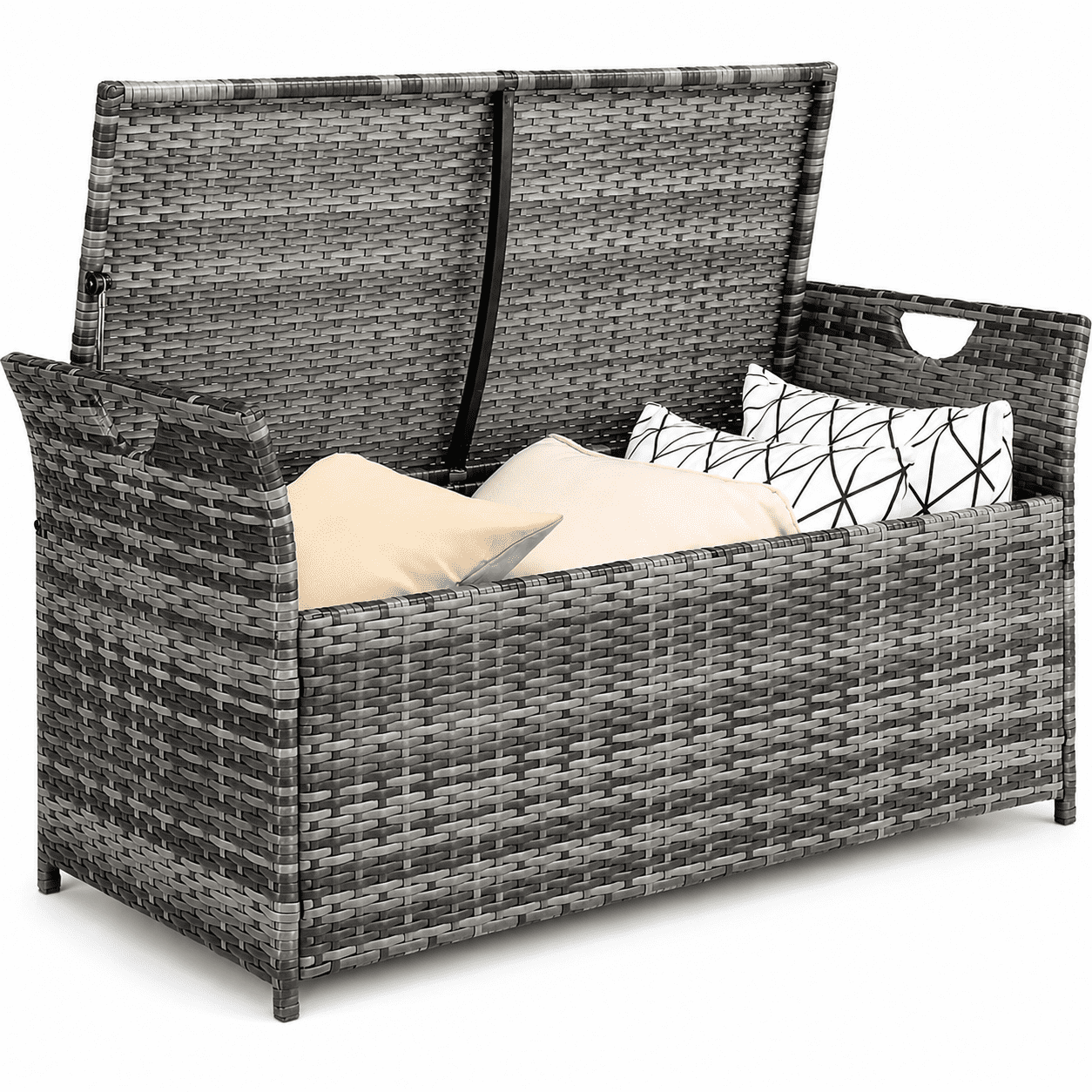 Patio Deck Box, Wicker Outdoor Storage Bench w/Cushion, PE Rattan Patio Storage Furniture with Iron Frame, Cushioned Storage Footstool for Indoor