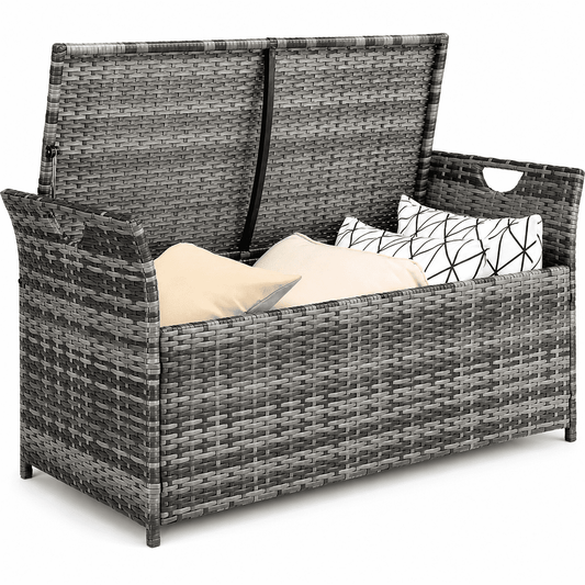 Patio Deck Box, Wicker Outdoor Storage Bench w/Cushion, PE Rattan Patio Storage Furniture with Iron Frame, Cushioned Storage Footstool for Indoor
