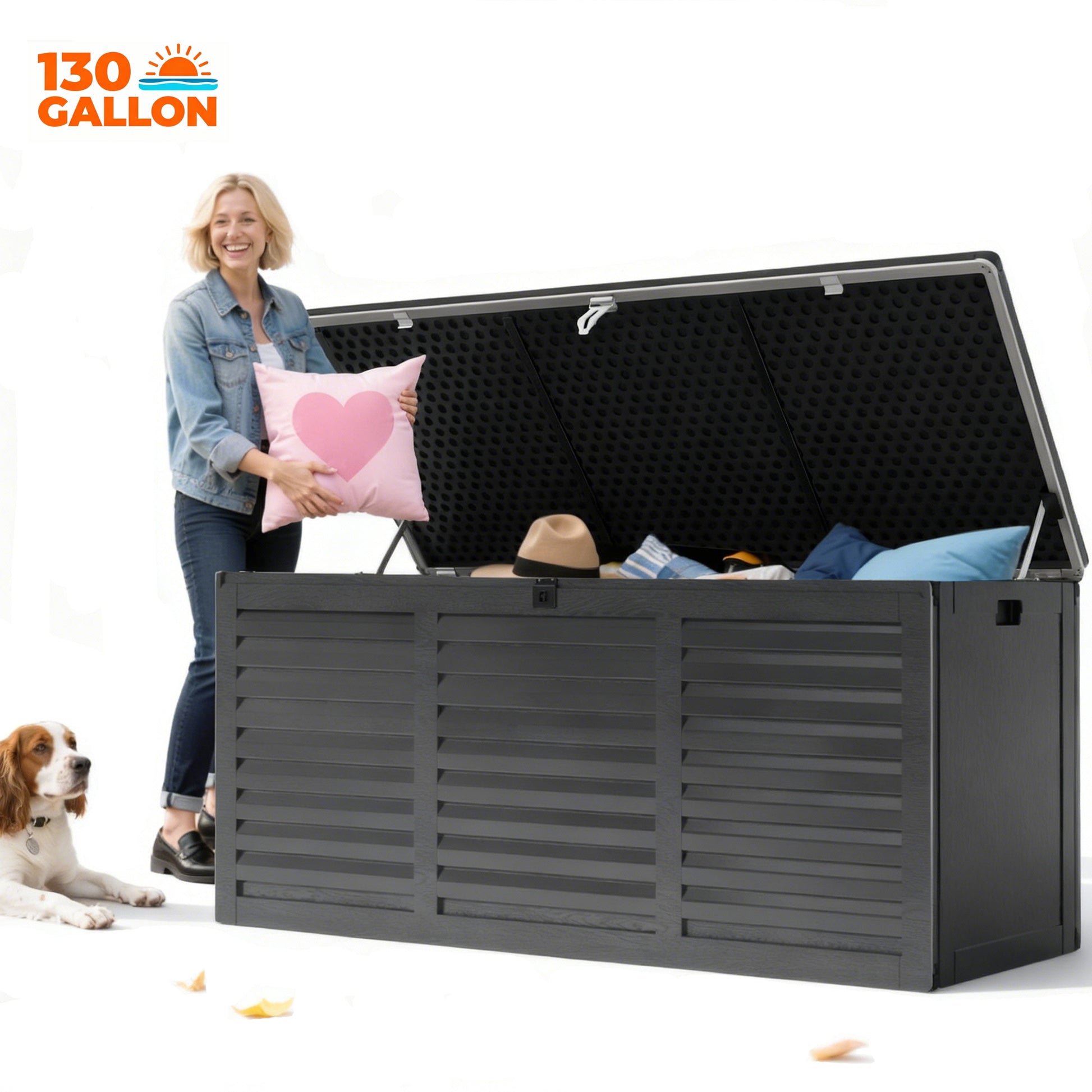 Seizeen 130 Gal Deck Box, Resin Storage Box, Waterproof Large Patio Lockable Deck Box for Outside Cushions, Pool Accessories, Throw Pillows, Garden Tools, Black