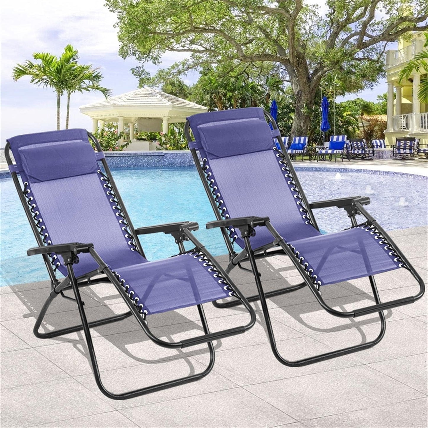 Simenmax Zero Gravity Chair Set of 2, Reclining Folding Outdoor Chairs with Adjustable Headrest & Cup Holder, Anti - Gravity Loungers for Backyard, Patio, Lawn, Poolside, Blue