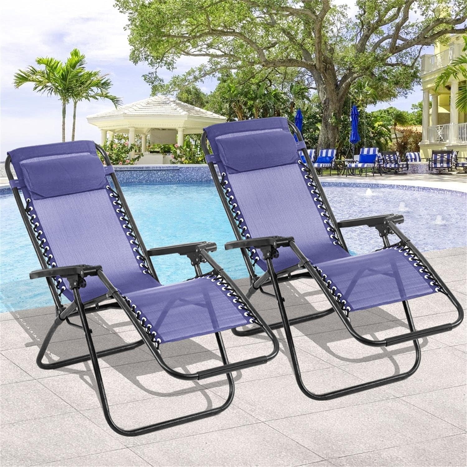 Simenmax Zero Gravity Chair Set of 2, Reclining Folding Outdoor Chairs with Adjustable Headrest & Cup Holder, Anti - Gravity Loungers for Backyard, Patio, Lawn, Poolside, Blue