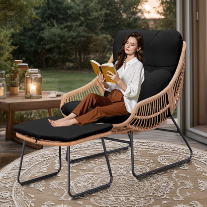 Tappio Wicker Papasan Egg Chair with Ottoman, Outdoor Patio Basket Lounge Chair Indoor Oversized Egg Lounger with Thick Cushion for Living Room Bedroom Balcony Porch, Black
