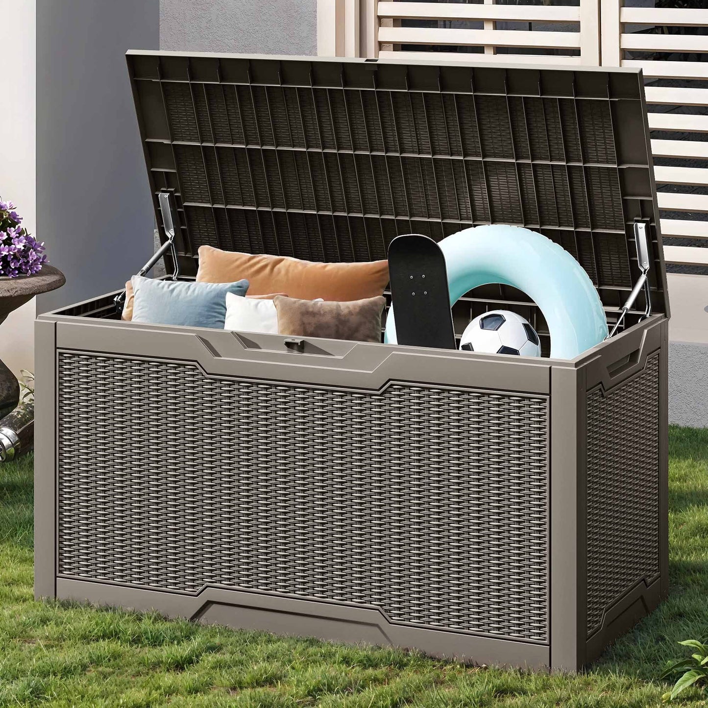 Uforic Lockable 100 Gallon Resin Deck Box, Heavy-Duty Weather Resistant Outdoor Storage Chest, Versatile Storage Solution for Patio Accessories and Daily Essentials, Light Brown