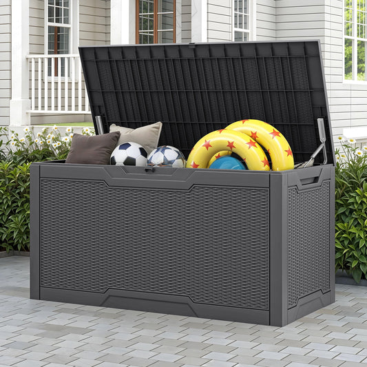 Uforic Lockable 100 Gallon Resin Deck Box, Heavy-Duty Weather Resistant Outdoor Storage Chest, Versatile Storage Solution for Patio Accessories and Daily Essentials, Dark Gray