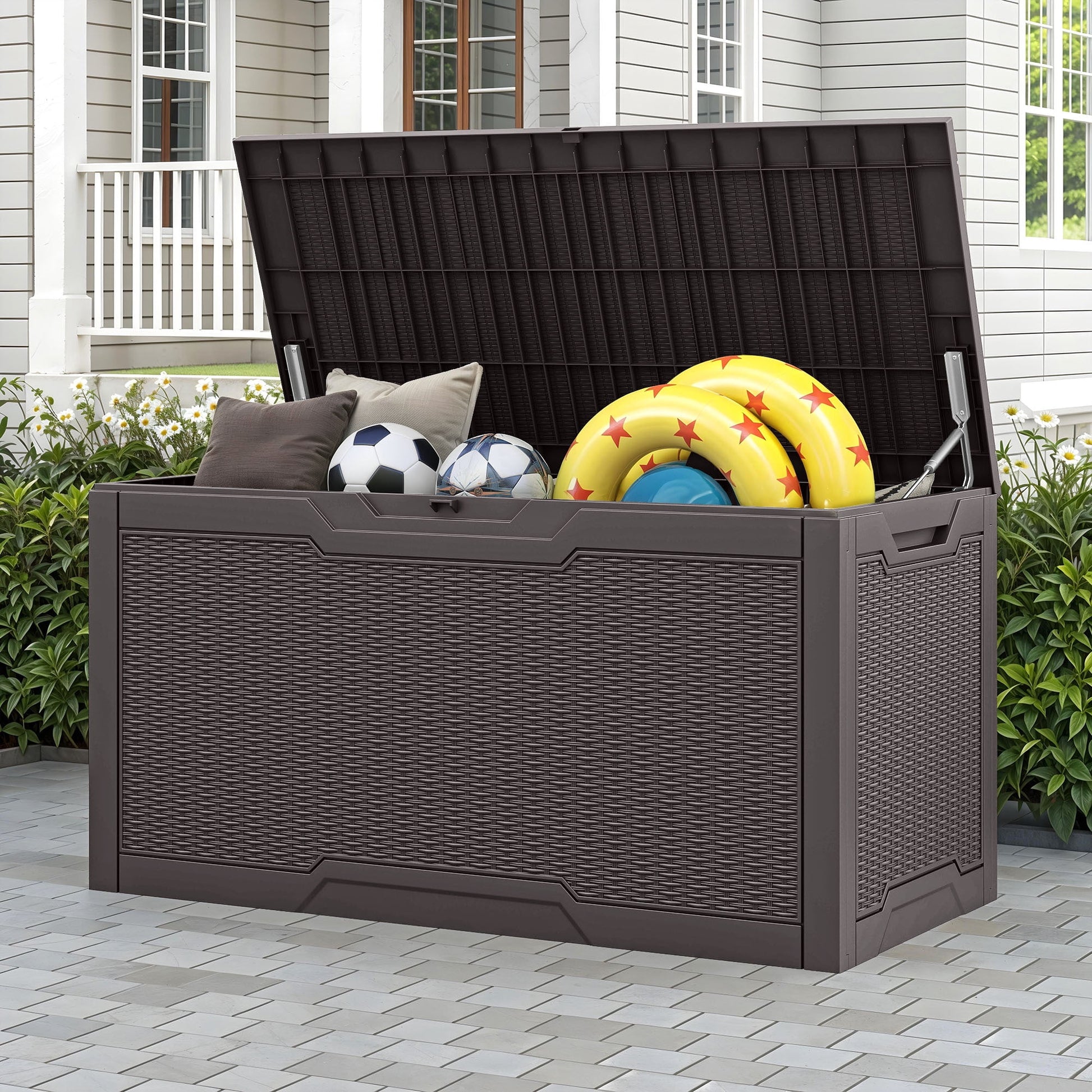 Uforic Lockable 100 Gallon Resin Deck Box, Heavy-Duty Weather Resistant Outdoor Storage Chest, Versatile Storage Solution for Patio Accessories and Daily Essentials, Dark Brown