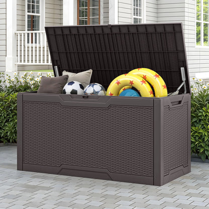 Uforic Lockable 100 Gallon Resin Deck Box, Heavy-Duty Weather Resistant Outdoor Storage Chest, Versatile Storage Solution for Patio Accessories and Daily Essentials, Dark Brown