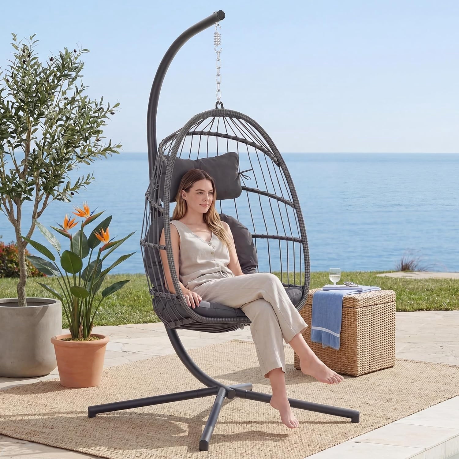 XIAO WEI Hanging Egg Chair with Stand, Indoor/Outdoor, 350 lbs Capacity, Charcoal Grey