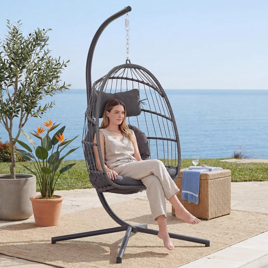 XIAO WEI Hanging Egg Chair with Stand, Indoor/Outdoor, 350 lbs Capacity, Charcoal Grey