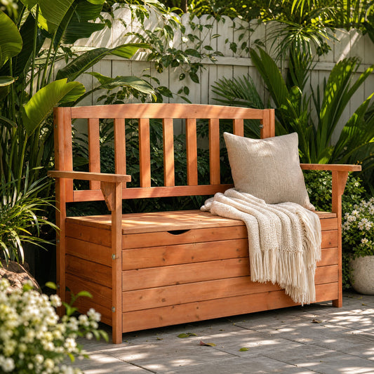 Zimtown 44" Outdoor Cedar Storage Bench with Backrest and Armrest, Large Patio Deck Box for Garden Tools and Cushions