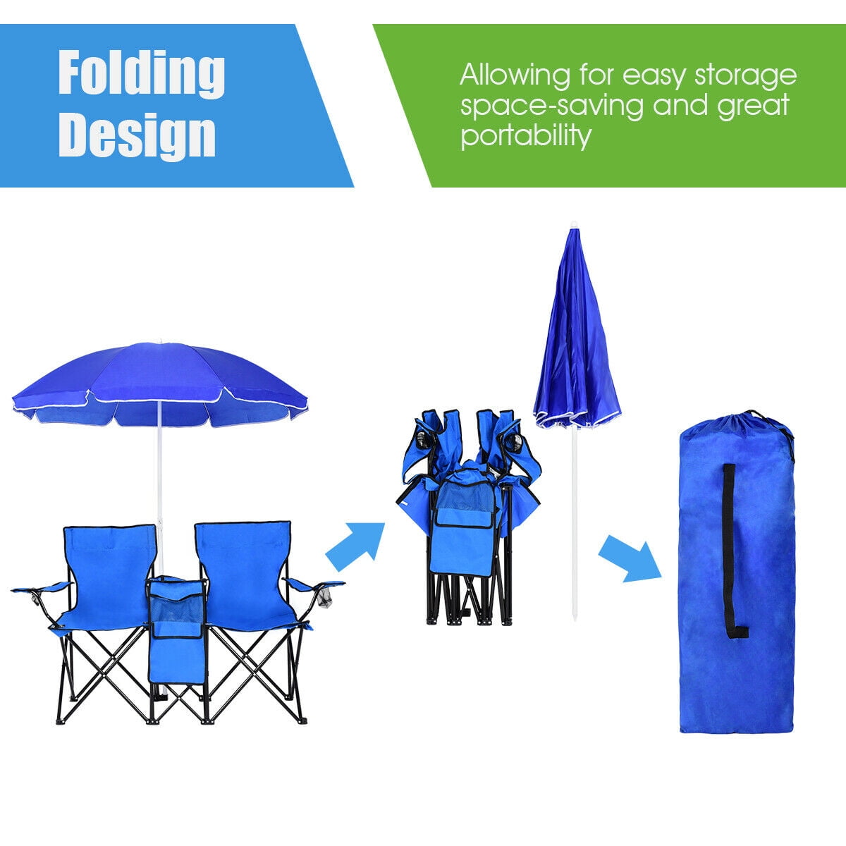 Costway Portable Camping Folding Picnic Double Chair W/Umbrella Table Cooler Beach Camping Chair