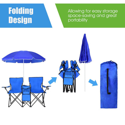 Costway Portable Camping Folding Picnic Double Chair W/Umbrella Table Cooler Beach Camping Chair