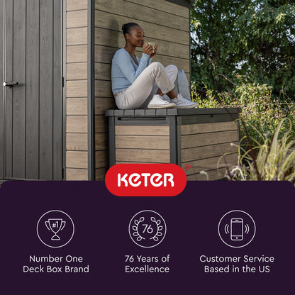 Keter Signature 150 Gallon Durable Weatherproof Resin Deck Box Organization and Storage for Outdoor Patio and Lawn, Ashwood