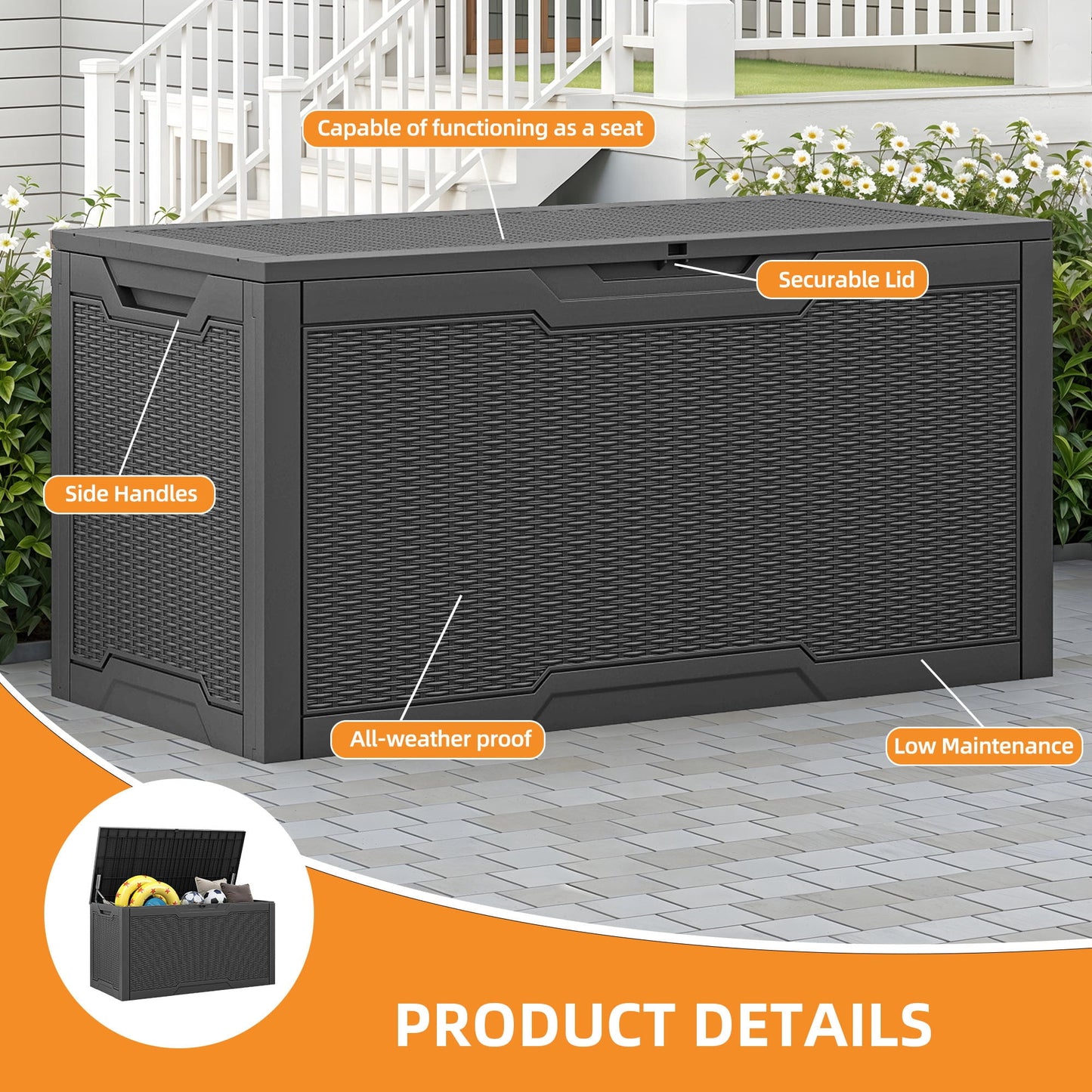 Uforic Lockable 100 Gallon Resin Deck Box, Heavy-Duty Weather Resistant Outdoor Storage Chest, Versatile Storage Solution for Patio Accessories and Daily Essentials, Black