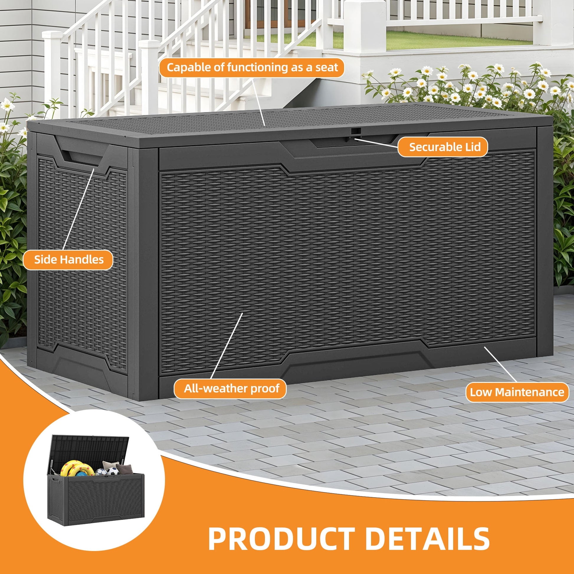 Uforic Lockable 100 Gallon Resin Deck Box, Heavy-Duty Weather Resistant Outdoor Storage Chest, Versatile Storage Solution for Patio Accessories and Daily Essentials, Black