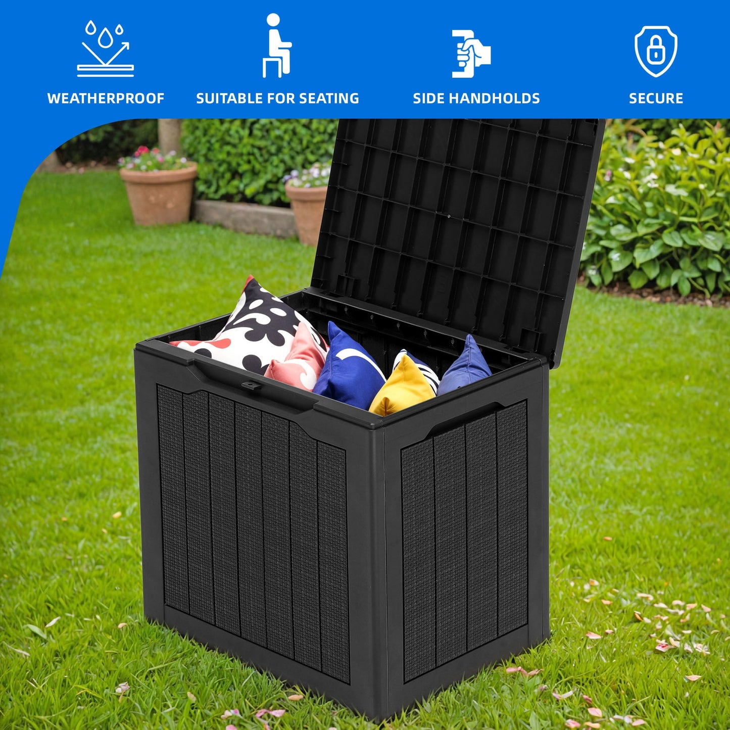 Dextrus 30 Gallon Rattan Resin Deck Box, Black Weather Resistant Lockable Outdoor Storage Box, Multipurpose Indoor Outdoor Container for Patio Cushions, Garden Tools and Daily Essentials
