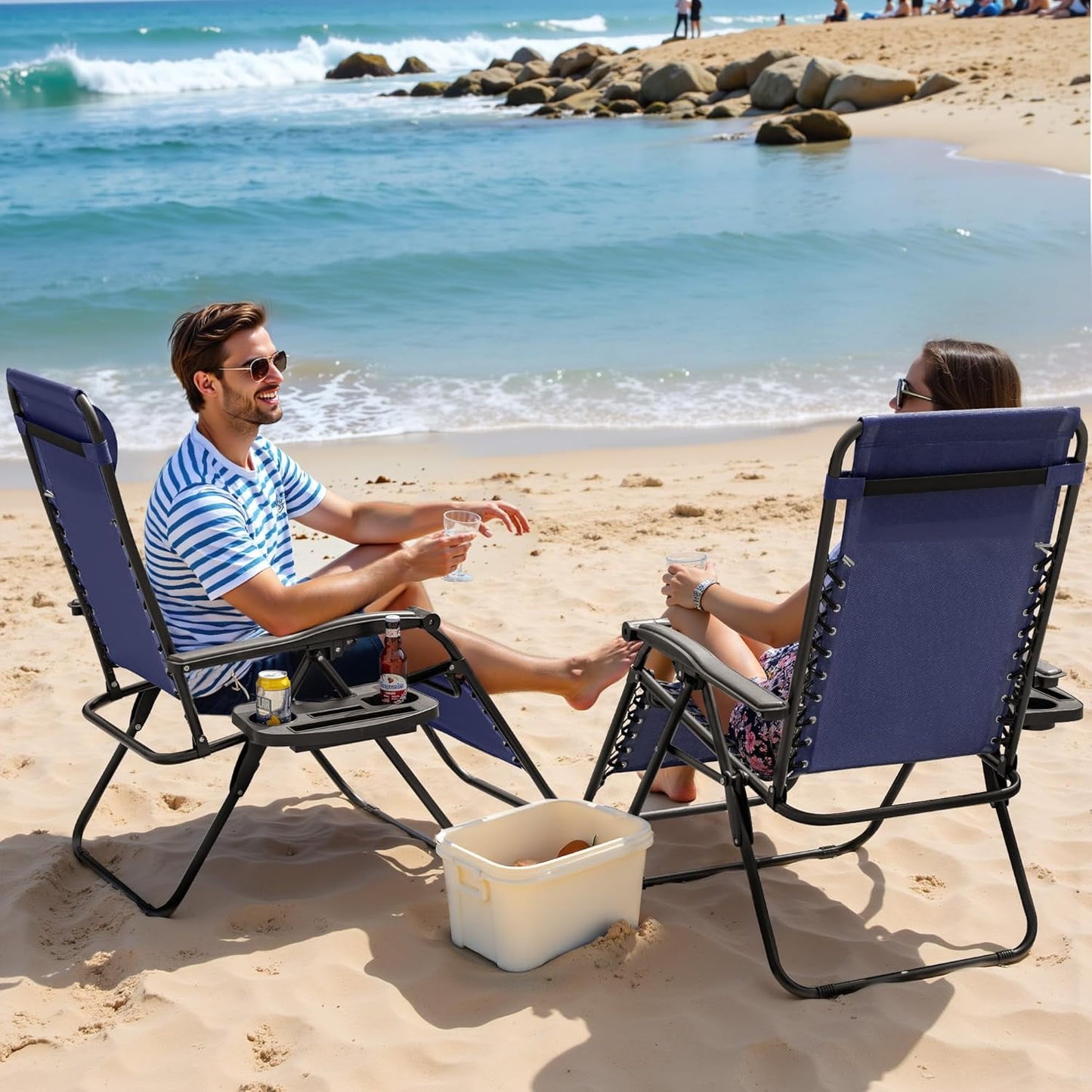 Simenmax Zero Gravity Chair Set of 2, Reclining Folding Outdoor Chairs with Adjustable Headrest & Cup Holder, Anti - Gravity Loungers for Backyard, Patio, Lawn, Poolside, Blue
