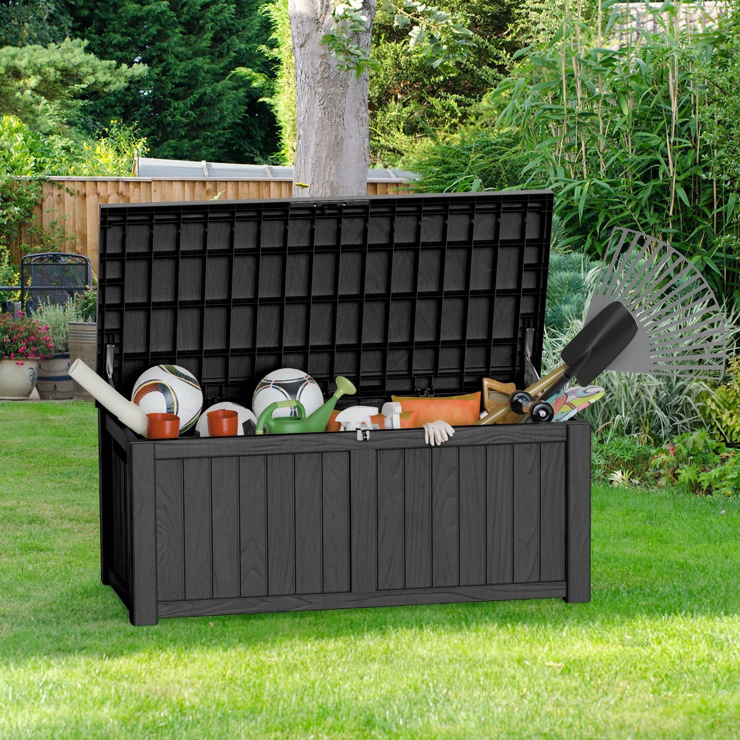 150 Gallon Outdoor Storage Box, Large Storage Deck Box for Patio Furniture Accessories, Garden Tools, Indoor Storage for Cushion, Black