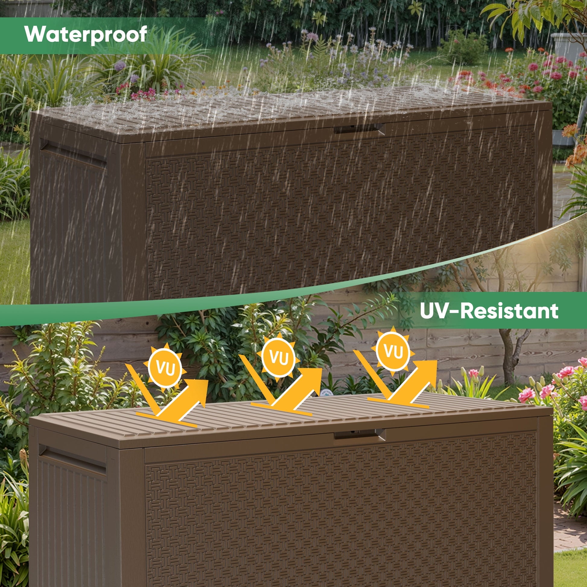 Enyopro 90 Gallon Deck Box, Organization and Storage Box for Patio Furniture Outdoor Cushions, Throw Pillows, Garden Tools and Pool Toys, Brown
