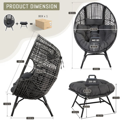 RADIATA Oversized Patio Egg Chair with Footrest, Dark Gray Rattan Outdoor Lounge Chair with Cushion