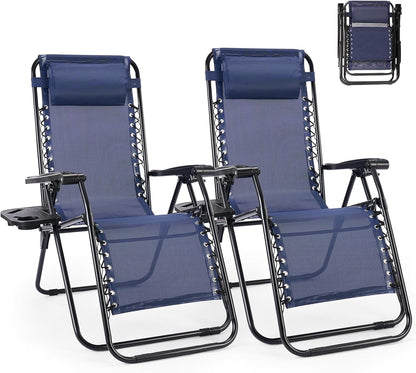 Simenmax Zero Gravity Chair Set of 2, Reclining Folding Outdoor Chairs with Adjustable Headrest & Cup Holder, Anti - Gravity Loungers for Backyard, Patio, Lawn, Poolside, Blue