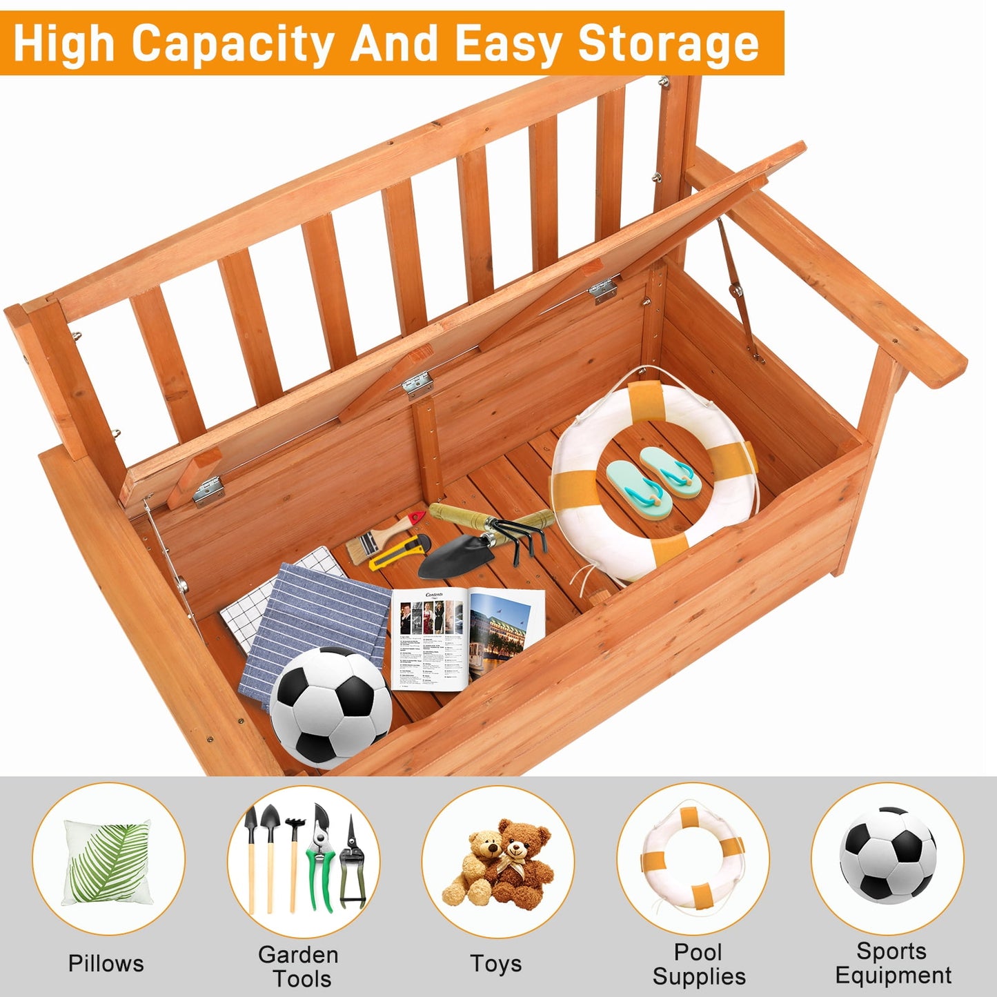 Zimtown 44" Outdoor Cedar Storage Bench with Backrest and Armrest, Large Patio Deck Box for Garden Tools and Cushions