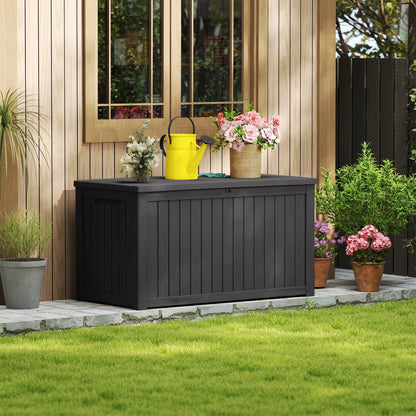Decksplore 180 Gallon Deck Box, Lockable, UV-Resistant, HDPE Outdoor Storage Box Waterproof, Patio Storage Box for Bicycles, Skis, Tables (Black)