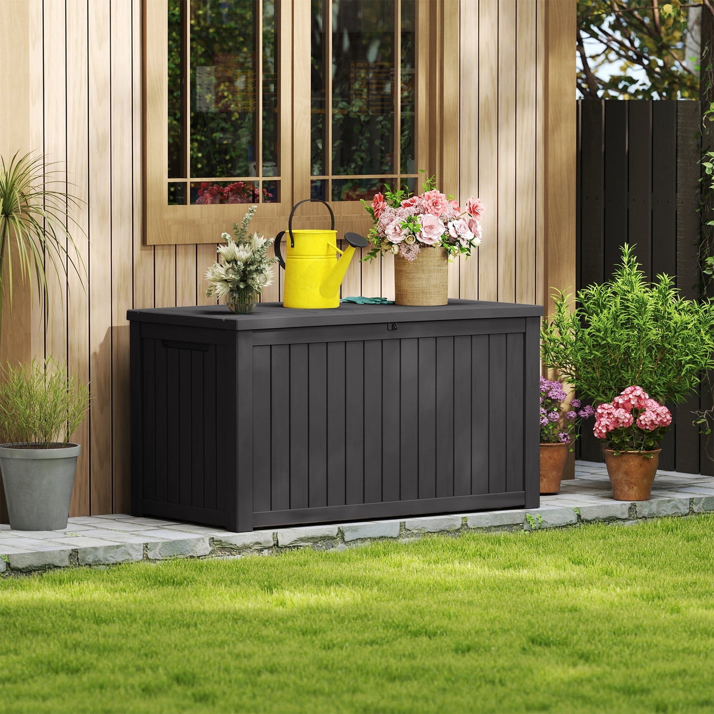 Decksplore 180 Gallon Deck Box, Lockable, UV-Resistant, HDPE Outdoor Storage Box Waterproof, Patio Storage Box for Bicycles, Skis, Tables (Black)