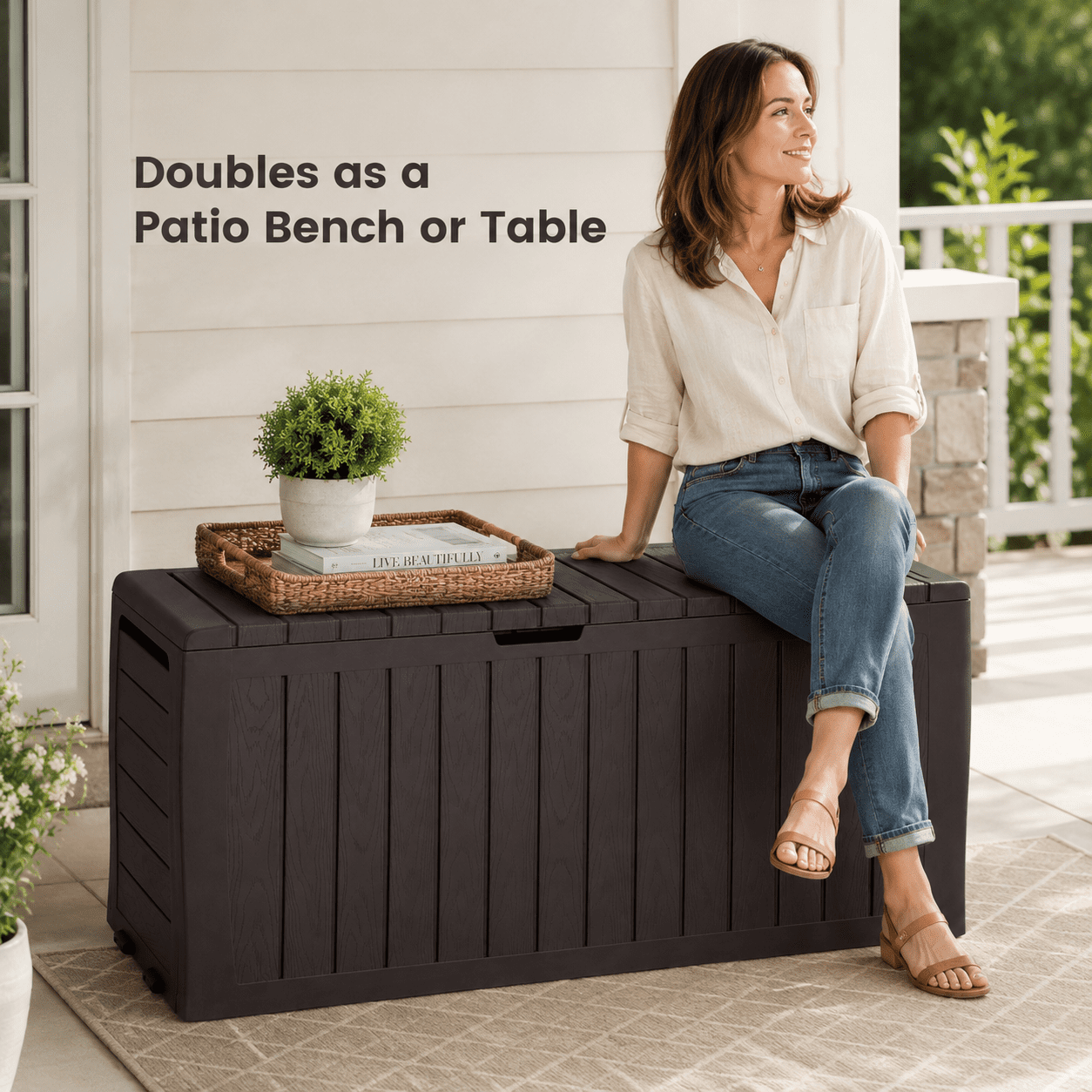 75GAL Outdoor Storage Box, Seizeen Deck Box for Outside, Storage Bench w/Wheels & Padlock, All-weather Waterproof Patio Storage Container for Cushions, as Seat Max 250LBS, Espresso