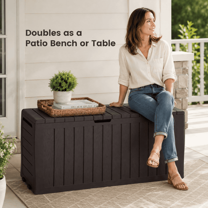 75GAL Outdoor Storage Box, Seizeen Deck Box for Outside, Storage Bench w/Wheels & Padlock, All-weather Waterproof Patio Storage Container for Cushions, as Seat Max 250LBS, Espresso