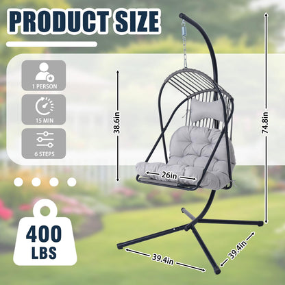 Hanging Egg Chair wth Stand Patio Hammock Swing Chair with Stand Canopy Indoor/Outdoor Collapsible Minimalist, Easy to Store, Max Load Capacity 400lbs, for Garden, Bedroom, Living Room