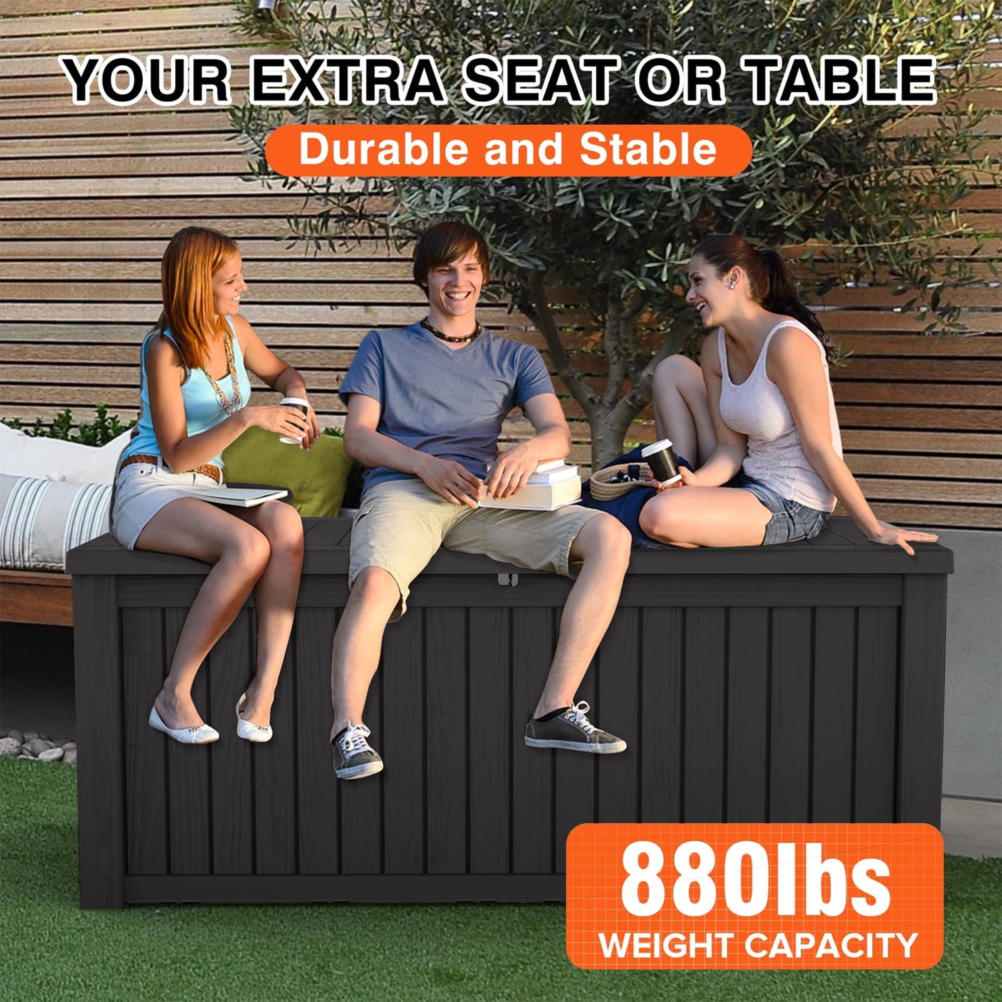 Decksplore 180 Gallon Deck Box, Lockable, UV-Resistant, HDPE Outdoor Storage Box Waterproof, Patio Storage Box for Bicycles, Skis, Tables (Black)