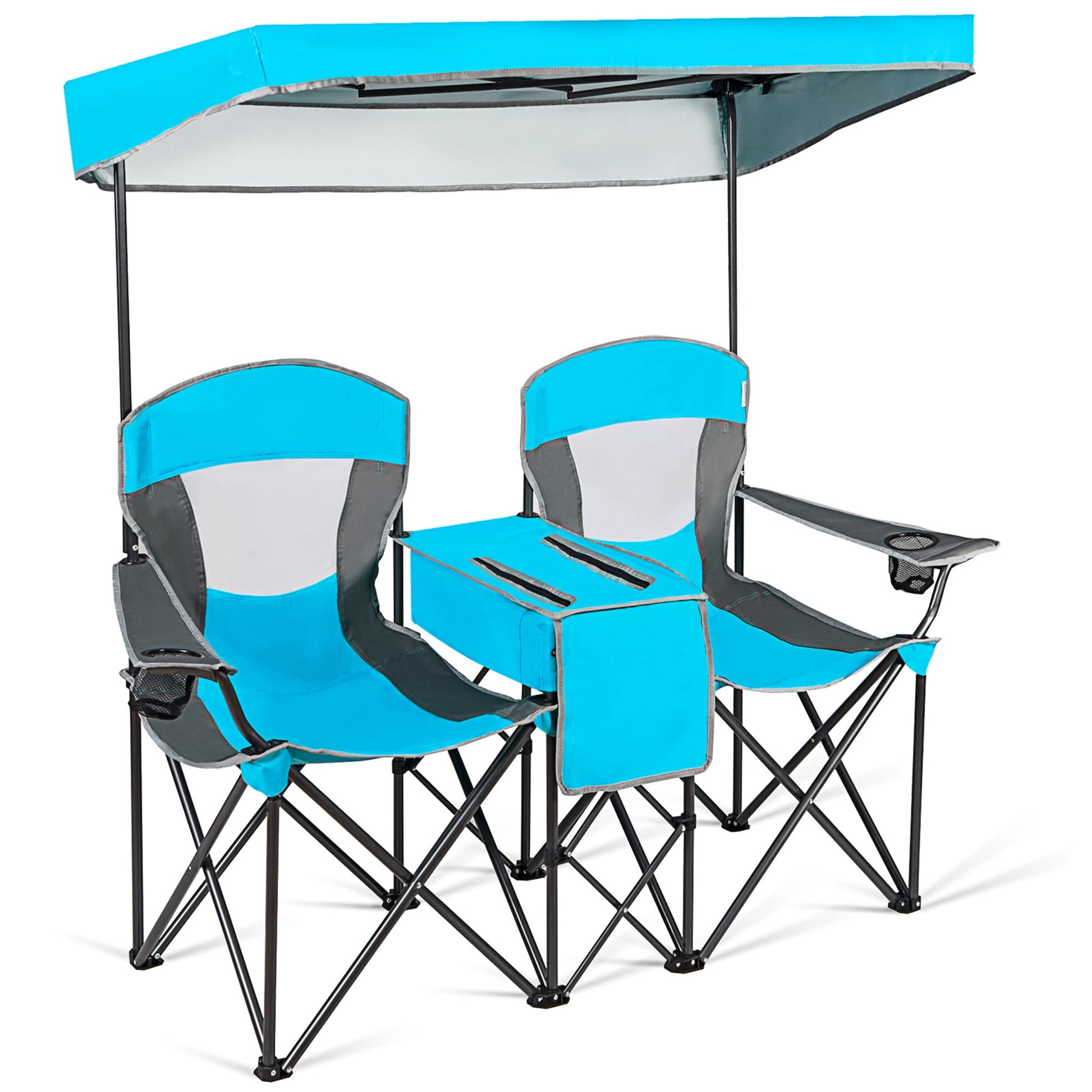 Gymax Folding 2-person Camping Chairs Double Sunshade Chairs w/ Canopy Patented Blue