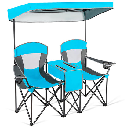 Gymax Folding 2-person Camping Chairs Double Sunshade Chairs w/ Canopy Patented Blue