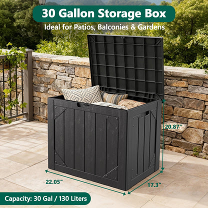 WASUHE 30 Gallon Resin Deck Box Waterproof Small Outdoor Storage Box for Patio Furniture Pool Accessories Indoor Storage for Cushion Garden Tools, UV Resistant, Lockable, Black