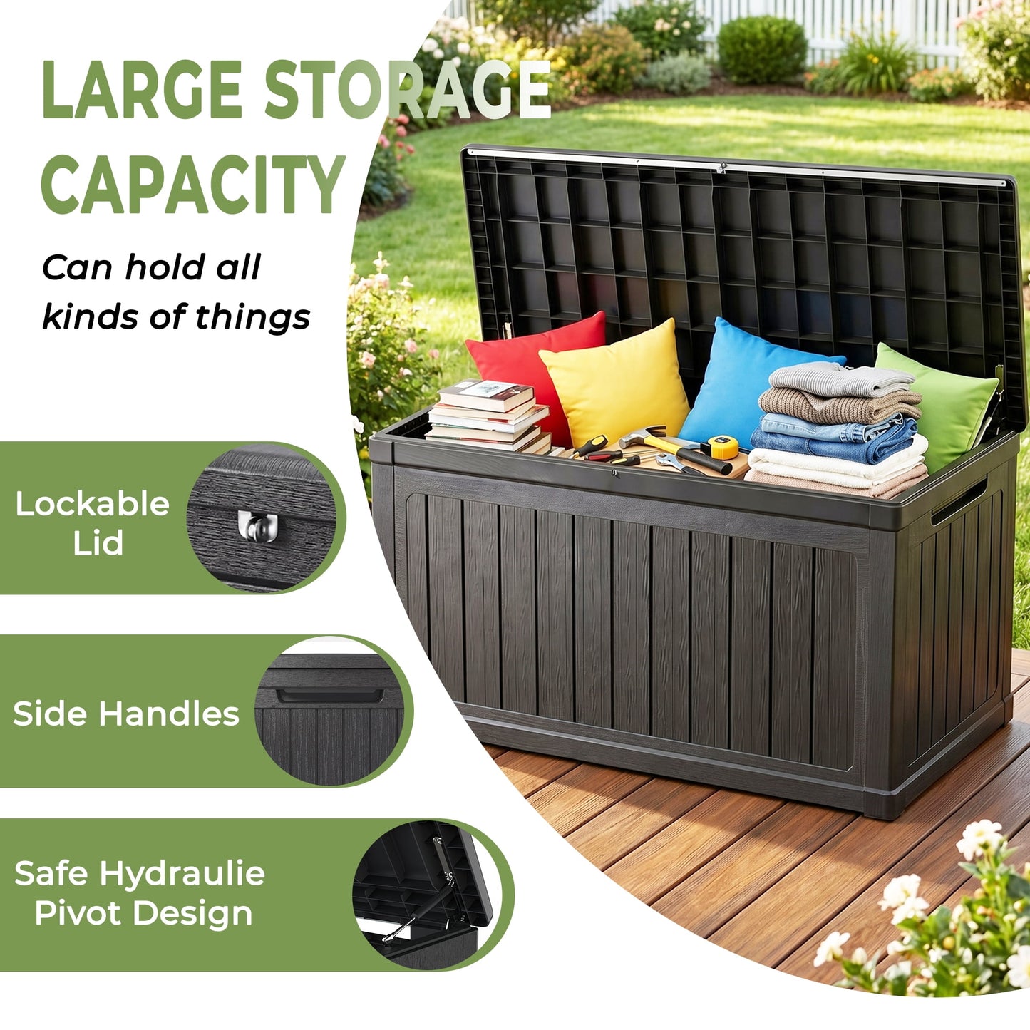 Alvantor Outdoor Storage Box Waterproof Resin Deck Box Lockable in Black, 230 Gallon XXL