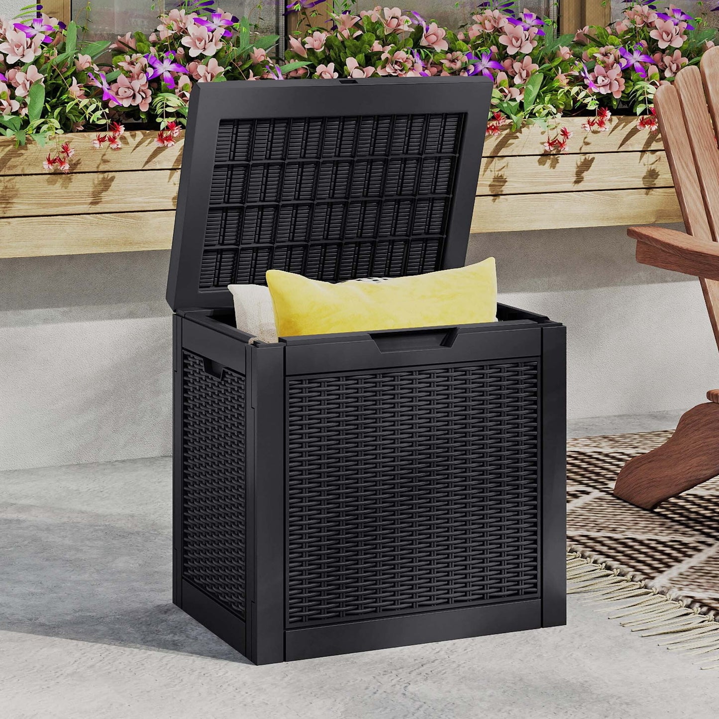Dextrus 32 Gallon Resin Deck Box, Water Resistant Outdoor Storage Container, Lockable Multipurpose Organizer for Patio Cushions, Garden Tools & Indoor Outdoor Daily Supplies, Black