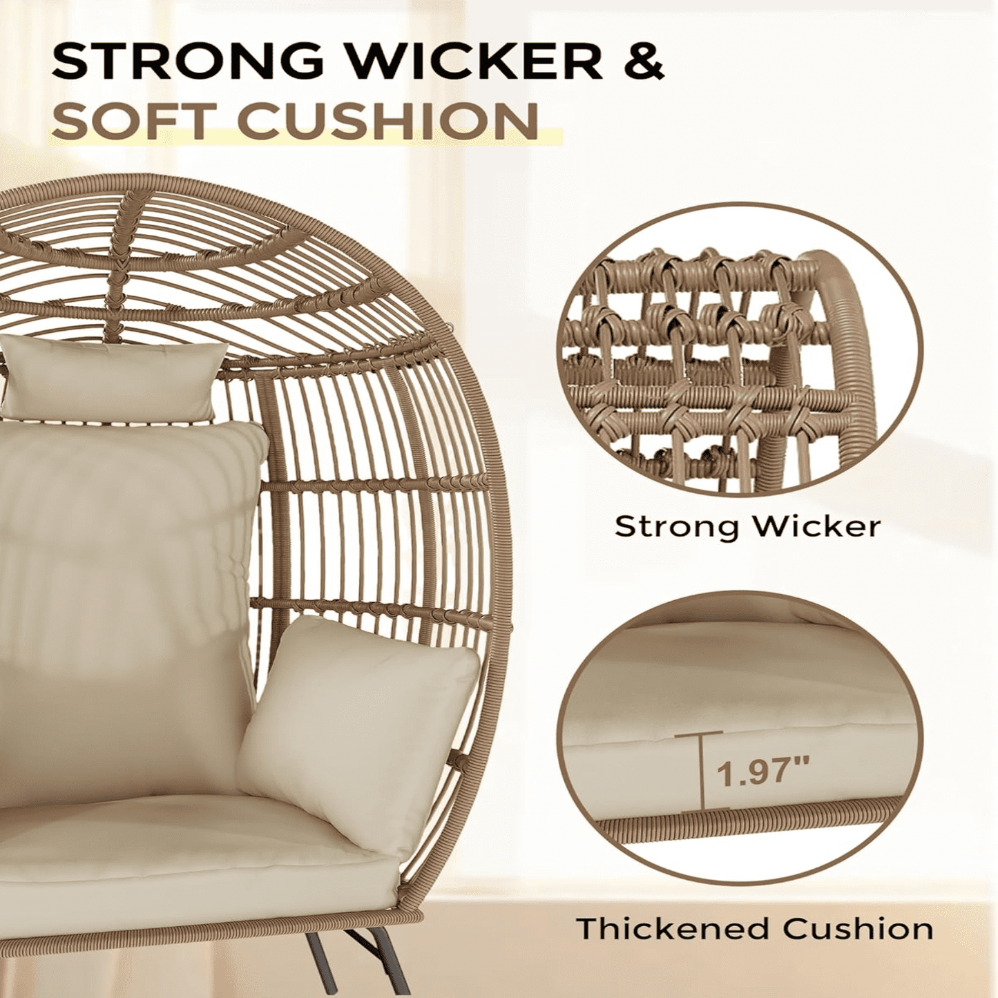 Wicker Egg Chair with Ottoman,Outdoor Indoor Large Egg Basket Lounge Recliner Chair with Thick Cushion for Patio Porch Backyard