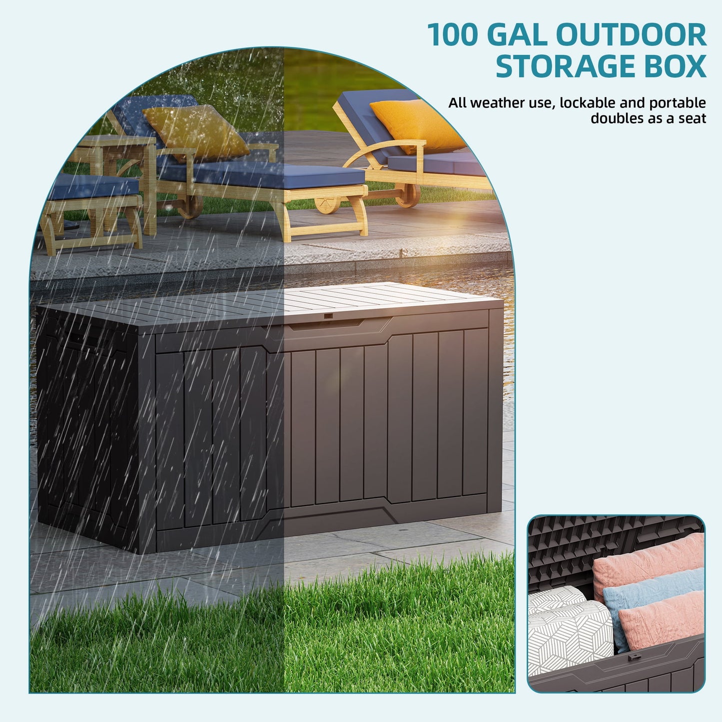 Uforic 100 Gallon Resin Outdoor Storage Box, Lockable Waterproof Deck Box for Patio Garden Cushion Tools, Dark Brown