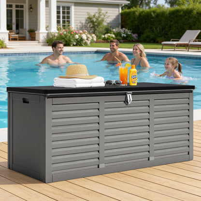 130 Gallon Resin Deck Box, Outdoor Lockable Storage Container for Patio Cushions, Garden Tools, Pool Supplies, Toys, Waterproof and UV Resistant, Reinforced Rib Design, Gray