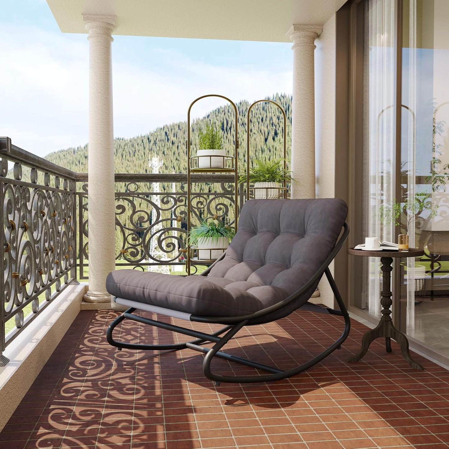 Outdoor Lounge Chairs, Papasan Rocking Chair, Oversized Egg Chair with Adjustable Tilt & Removable Cushion, 450 Lbs Capacity Rust-Proof Steel Frame for Patio, Porch, Poolside, Gray