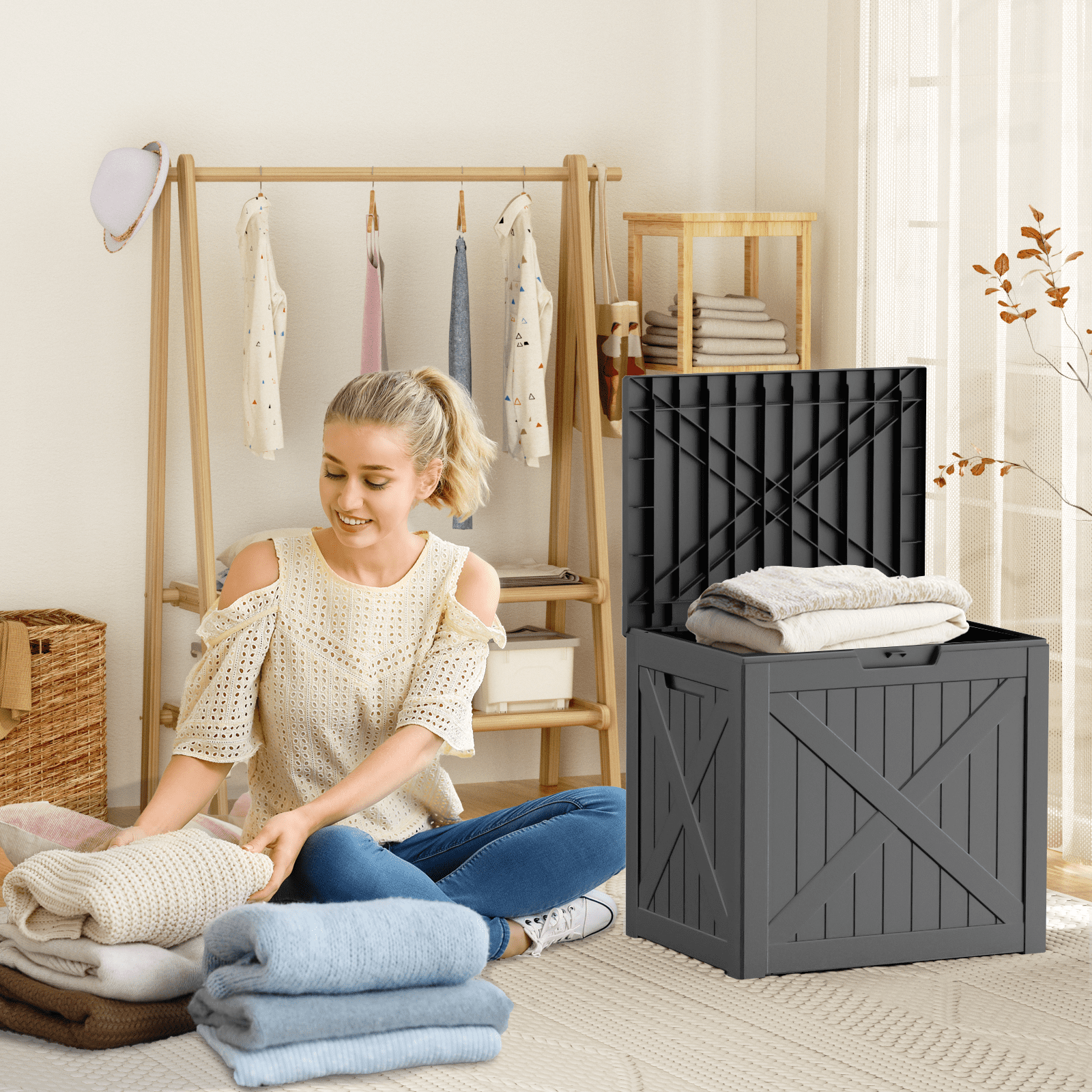 EasyUp 32 Gallon Resin Deck Box, Lockable Patio Outdoor Storage Box for Furniture, Garden Tools and Tools Storage, Waterproof Outside Storage Boxes