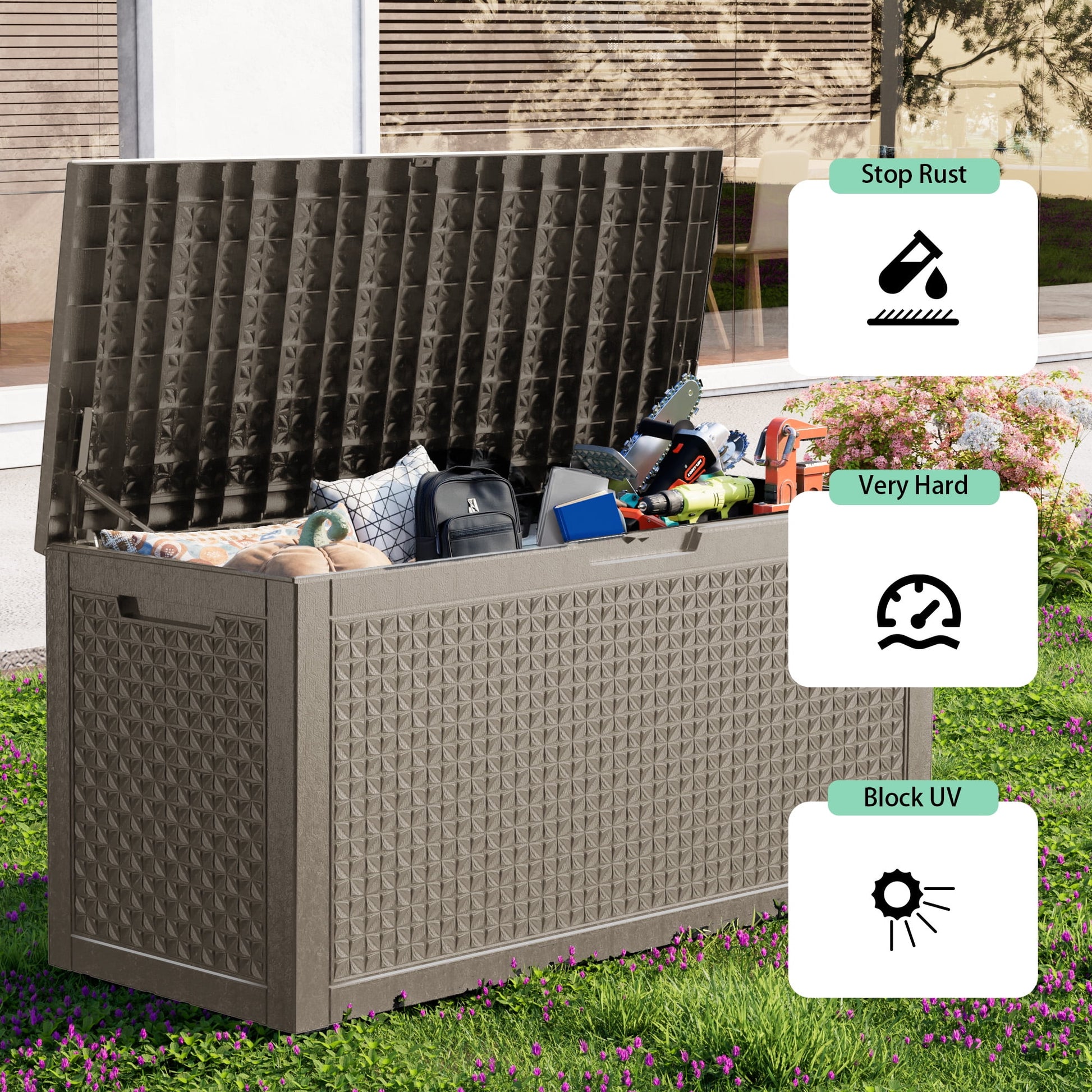 EasyUp 100 Gallon Resin Deck Box, Lockable Patio Outdoor Storage Box for Furniture, Garden Tools and Tools Storage, Waterproof Outside Storage Boxes