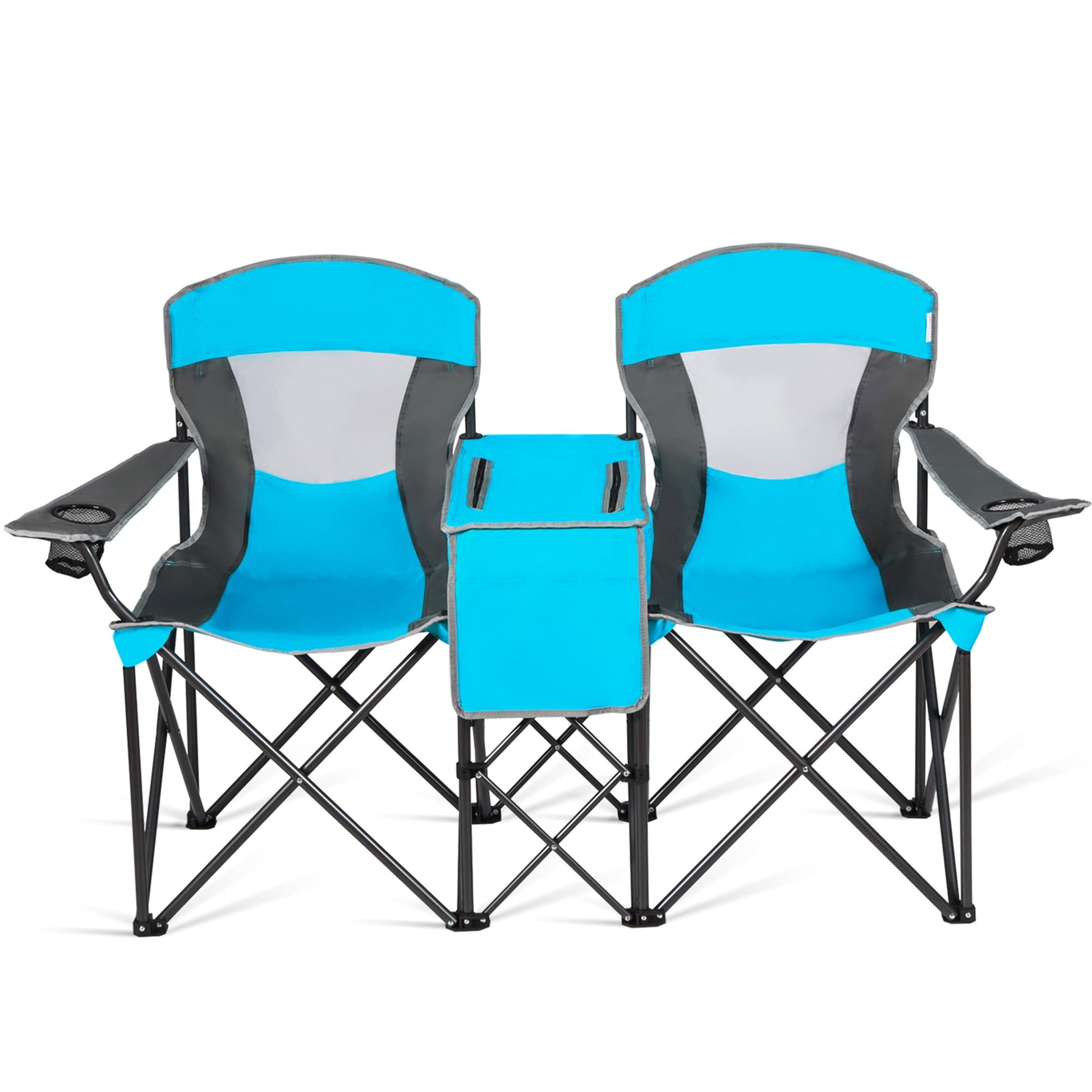 Gymax Folding 2-person Camping Chairs Double Sunshade Chairs w/ Canopy Patented Blue