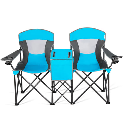 Gymax Folding 2-person Camping Chairs Double Sunshade Chairs w/ Canopy Patented Blue