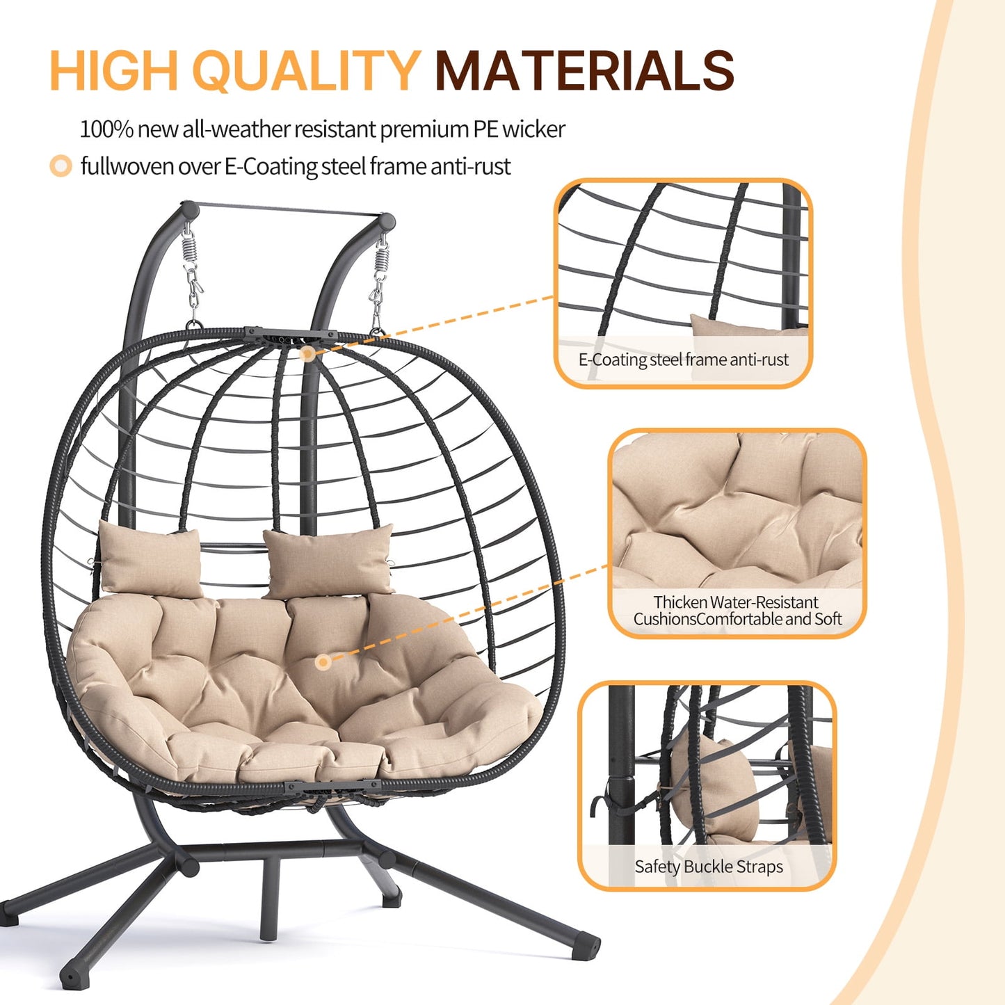 ELPOSUN Double Wicker Swing Egg Chair 2 Person Foldable Hanging Egg Chair with Stand, Porch Swing Loveseat for Patio, Balcony, Porch, Indoor, Outdoor, Black/Beige
