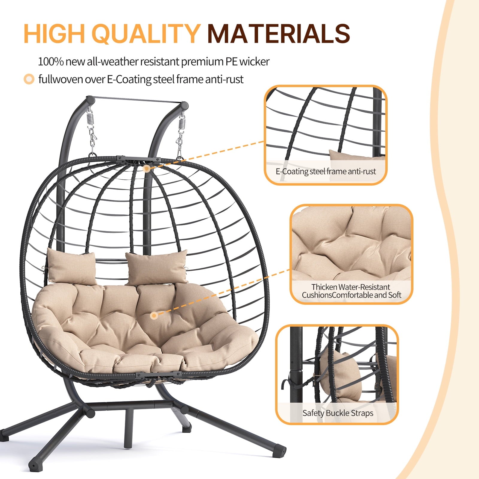 ELPOSUN Double Wicker Swing Egg Chair 2 Person Foldable Hanging Egg Chair with Stand, Porch Swing Loveseat for Patio, Balcony, Porch, Indoor, Outdoor, Black/Beige