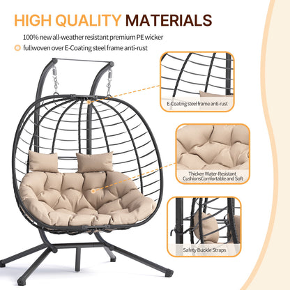 ELPOSUN Double Wicker Swing Egg Chair 2 Person Foldable Hanging Egg Chair with Stand, Porch Swing Loveseat for Patio, Balcony, Porch, Indoor, Outdoor, Black/Beige