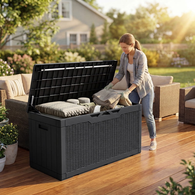 Homall 100 Gallon Outdoor Patio Box Deck Plastic Resin Storage Box Backyard, Black