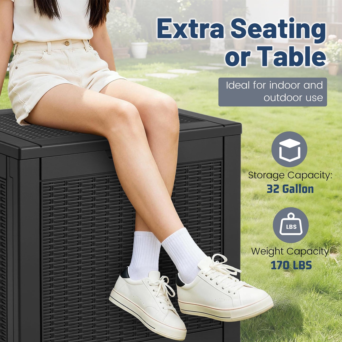 edx 31 Gallon Outdoor Storage Box, Wicker Pattern Resin Deck Box with Lockable Lid & Built-in Handles, 170 Lbs Capacity Storage Bench for Indoor/Outdoor Use, Black