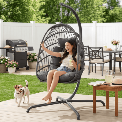 RADIATA Outdoor Foldable Hanging Egg Chair with Stand, PE Wicker Indoor Outdoor Swing Chair with 5" Cushion and Headrest, 350 lbs Capacity, Dark Gray